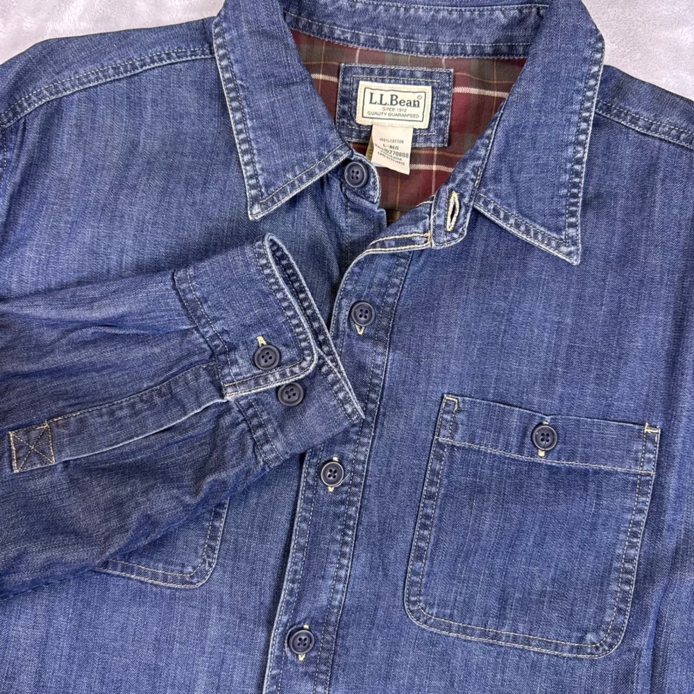 VTG LL Bean Denim Flannel Lined Shirt Mens L-REG Blue Long Sleeve 270888